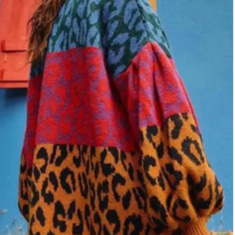 FARM RIO Mixed Print Ikat Dyed Leopard Print Balloon Sleeve Cardigan S $195 NWT - Picture 5 of 6